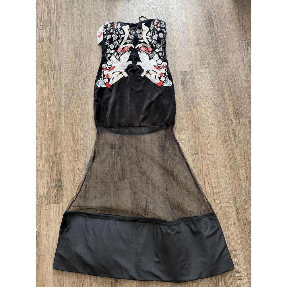 Black Crane Velvet Embroidered Strapless Dress Size S Formal Gothic Romantic - Picture 2 of 10